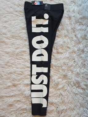 Nike Black Leggings with Large White "JUST DO IT" Side Print New M
